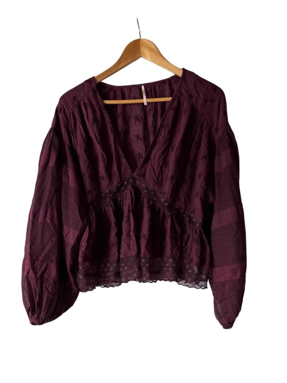 Free People Sheer Embroidered Boho Peplum Blouse With Lace Hem & V-Neck